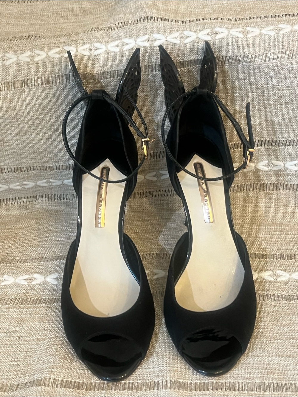 Sophia Webster Black Patent & Suede Peep-Toe Ankle-Strap Heels